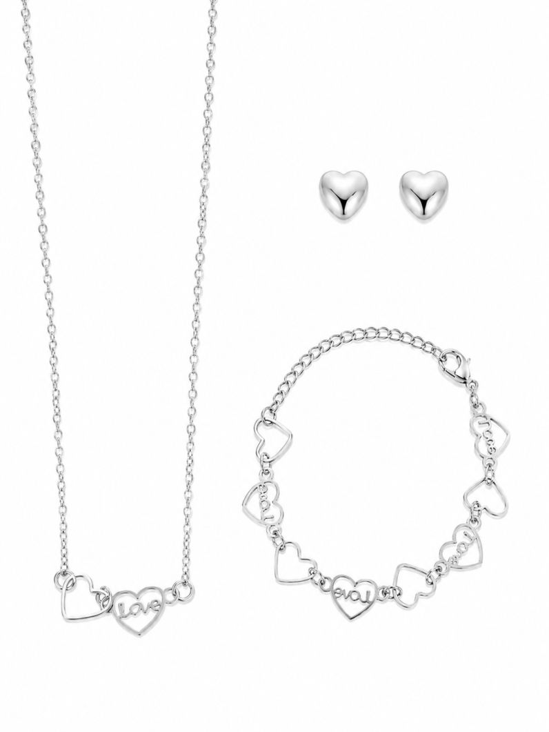 Conjunto Infantil Colar, Pulseira e Brinco Folheado a Ouro 18k e Prata Coração Lis Com Vazado 'Love'