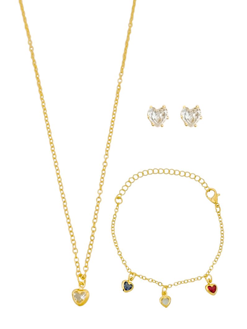 Conjunto Infantil Colar, Pulseira e Brinco Folheado a Ouro 18k e Prata Corações Coloridos