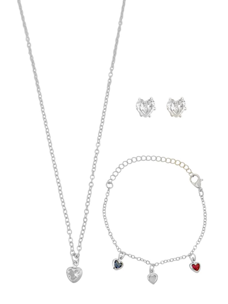 Conjunto Infantil Colar, Pulseira e Brinco Folheado a Ouro 18k e Prata Corações Coloridos