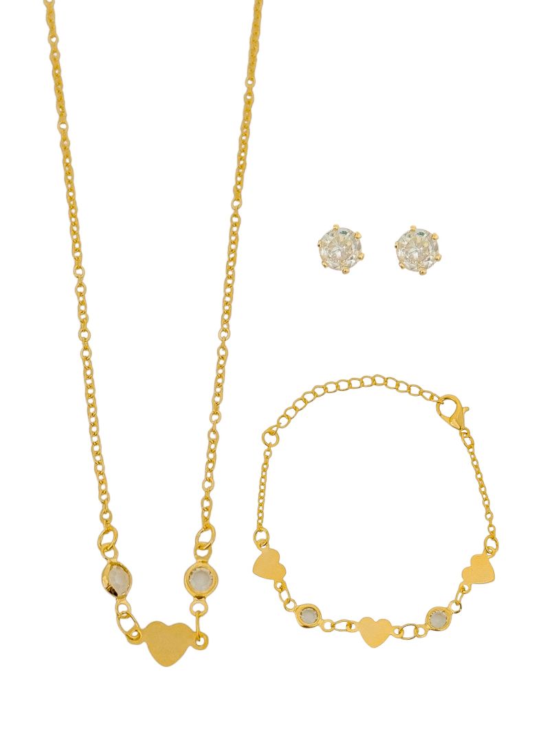 Conjunto Infantil Colar, Pulseira e Brinco Folheado a Ouro 18k e Prata Corações e Pontos de Luz