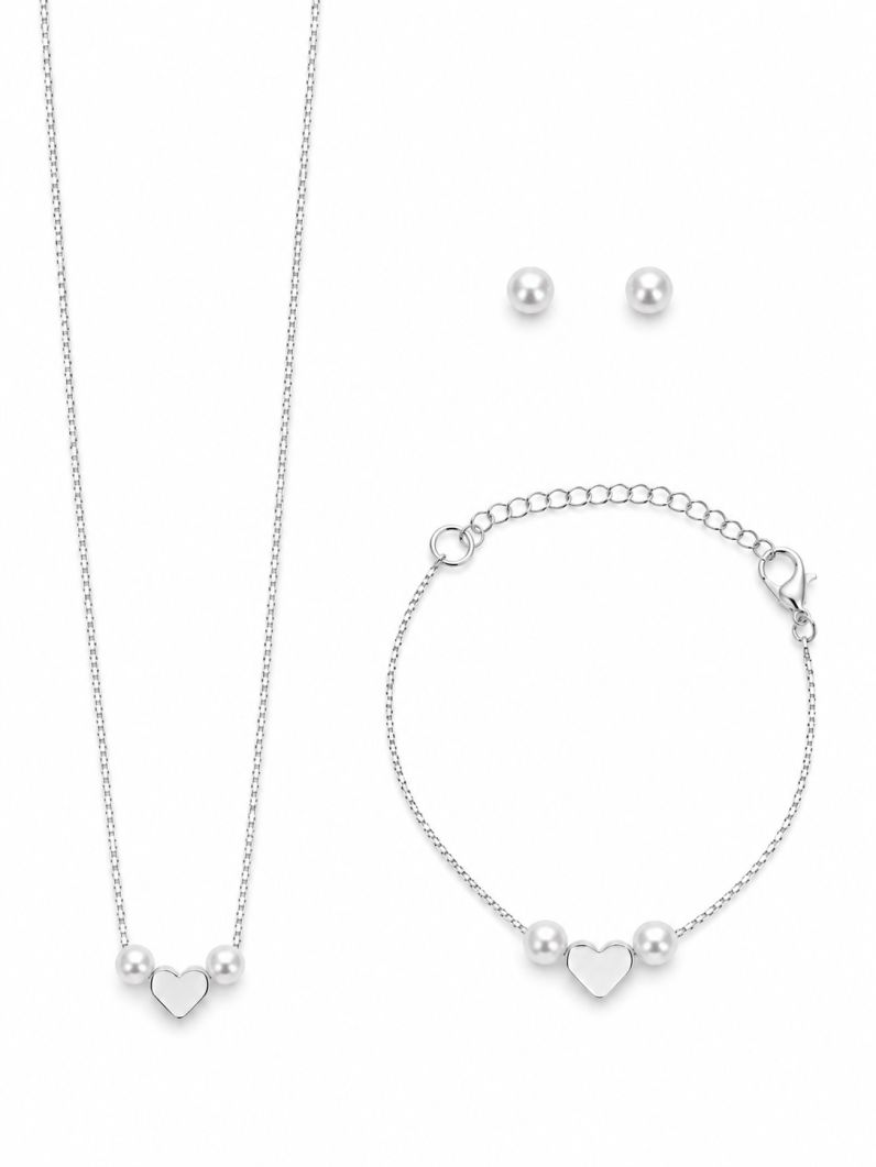 Conjunto Infantil Colar, Pulseira e Brinco Folheado a Ouro 18k e Prata Corações Liso e Pérola