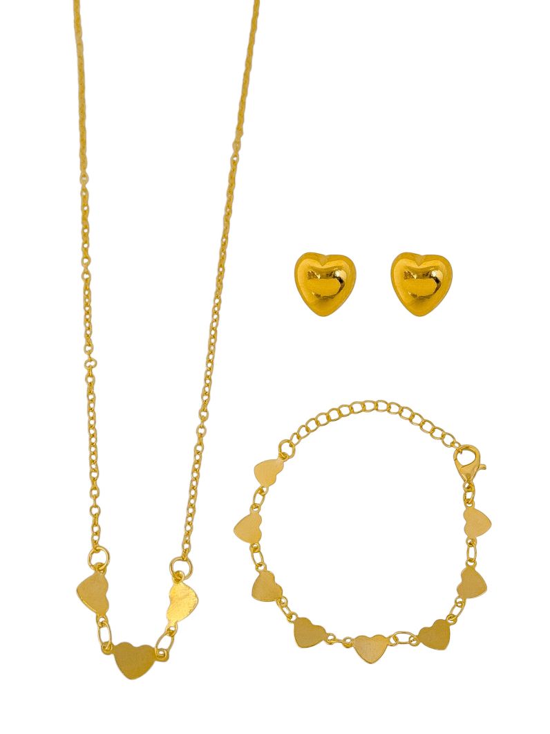 Conjunto Infantil Colar, Pulseira e Brinco Folheado a Ouro 18k e Prata Corações Lisos