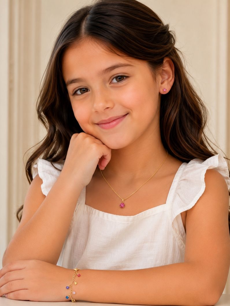 Conjunto Infantil Colar, Pulseira e Brinco Folheado a Ouro 18k e Prata Cristais Colorido