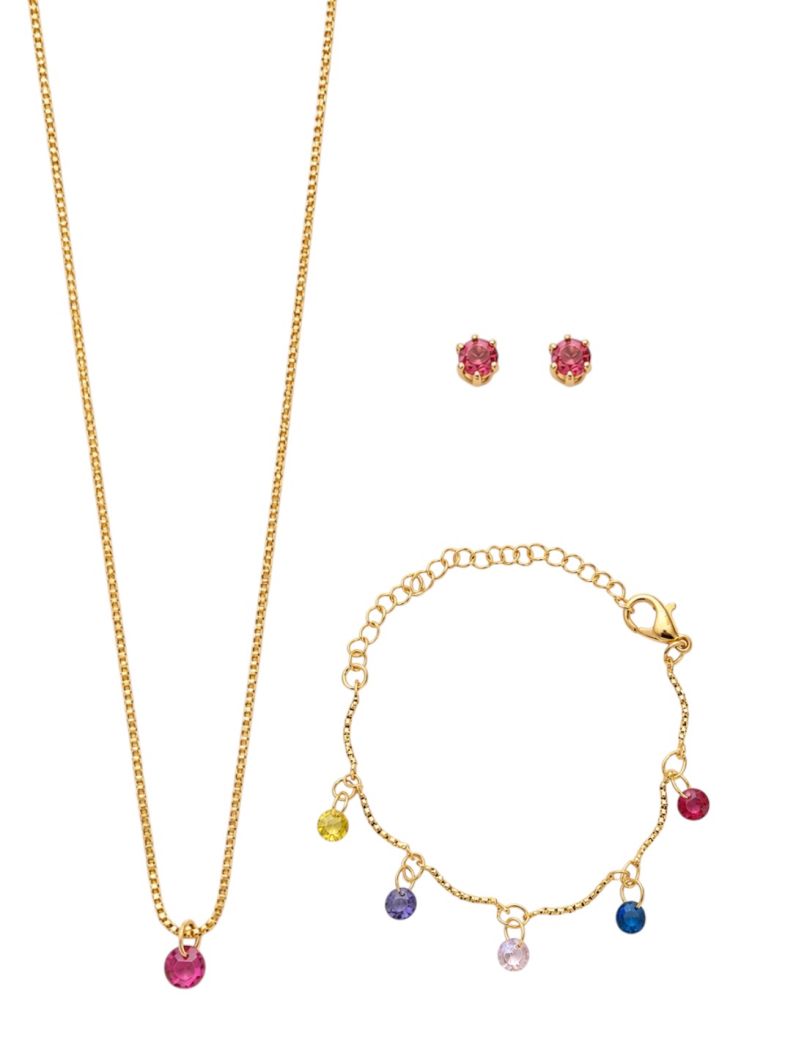 Conjunto Infantil Colar, Pulseira e Brinco Folheado a Ouro 18k e Prata Cristais Colorido