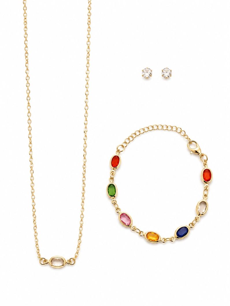 Conjunto Infantil Colar, Pulseira e Brinco Folheado a Ouro 18k e Prata Cristais Colorido