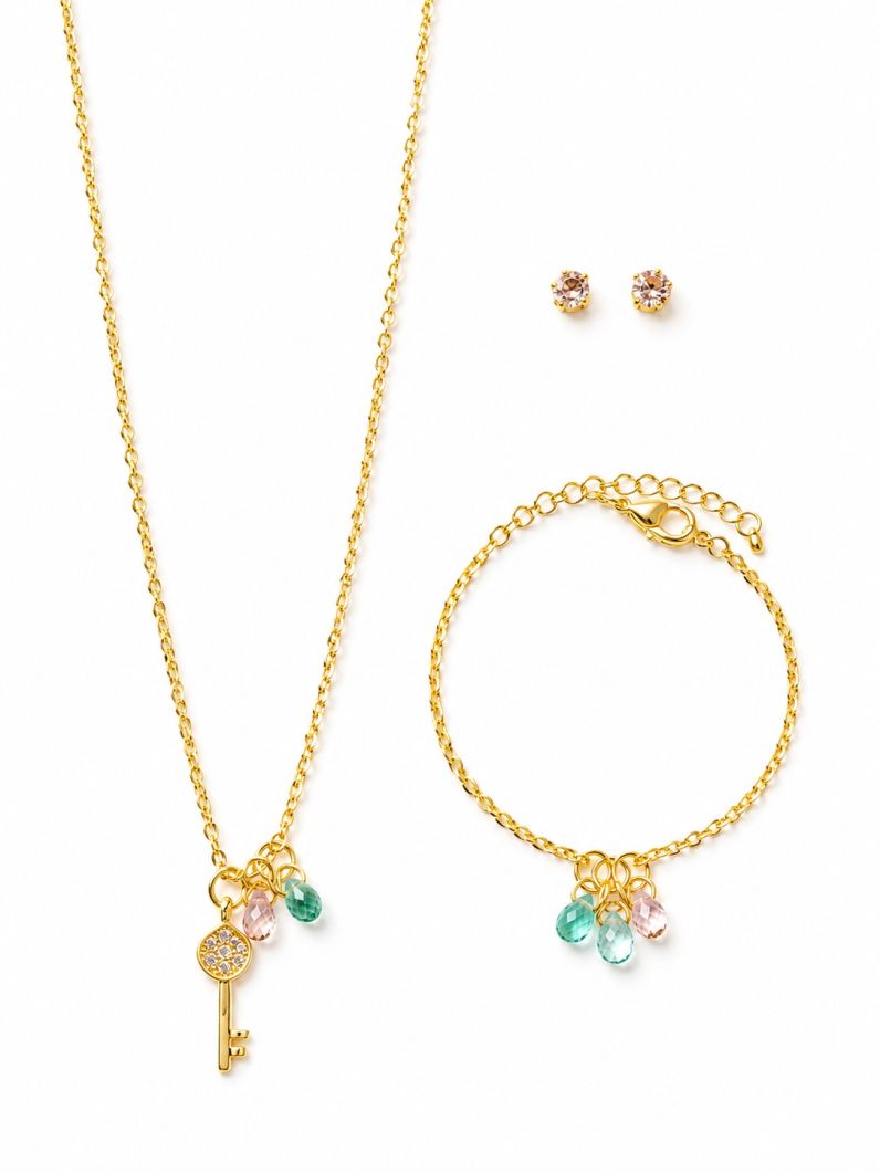 Conjunto Infantil Colar, Pulseira e Brinco Folheado a Ouro 18k e Prata Cristais Coloridos