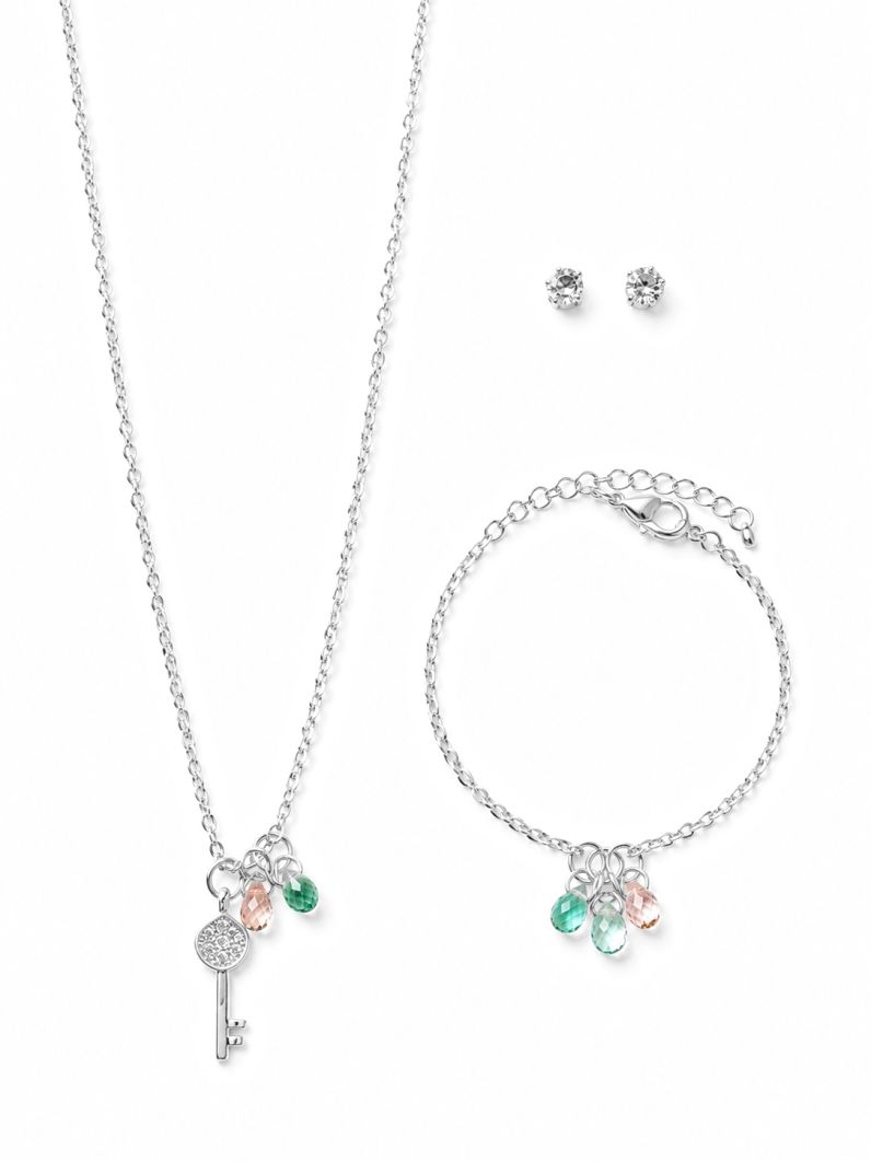 Conjunto Infantil Colar, Pulseira e Brinco Folheado a Ouro 18k e Prata Cristais Coloridos
