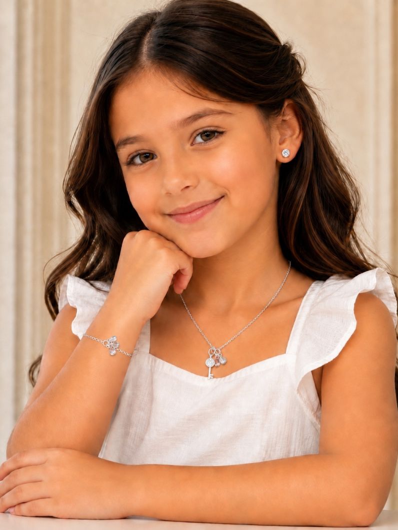 Conjunto Infantil Colar, Pulseira e Brinco Folheado a Ouro 18k e Prata Cristais Coloridos