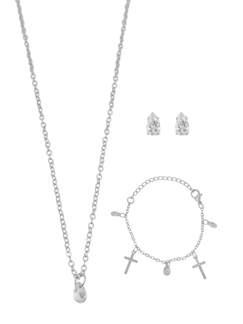 Conjunto Infantil Colar, Pulseira e Brinco Folheado a Ouro 18k e Prata Cruz Com Cristais