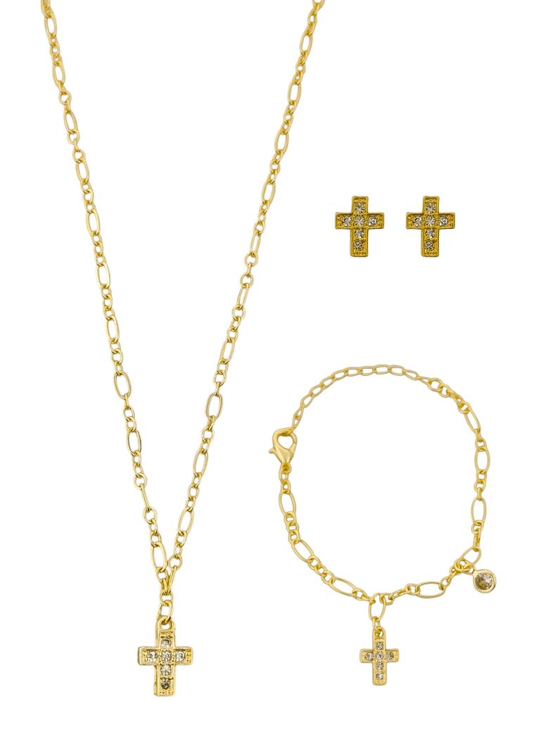 Conjunto Infantil Colar, Pulseira e Brinco Folheado a Ouro 18k e Prata Cruz Cravejado