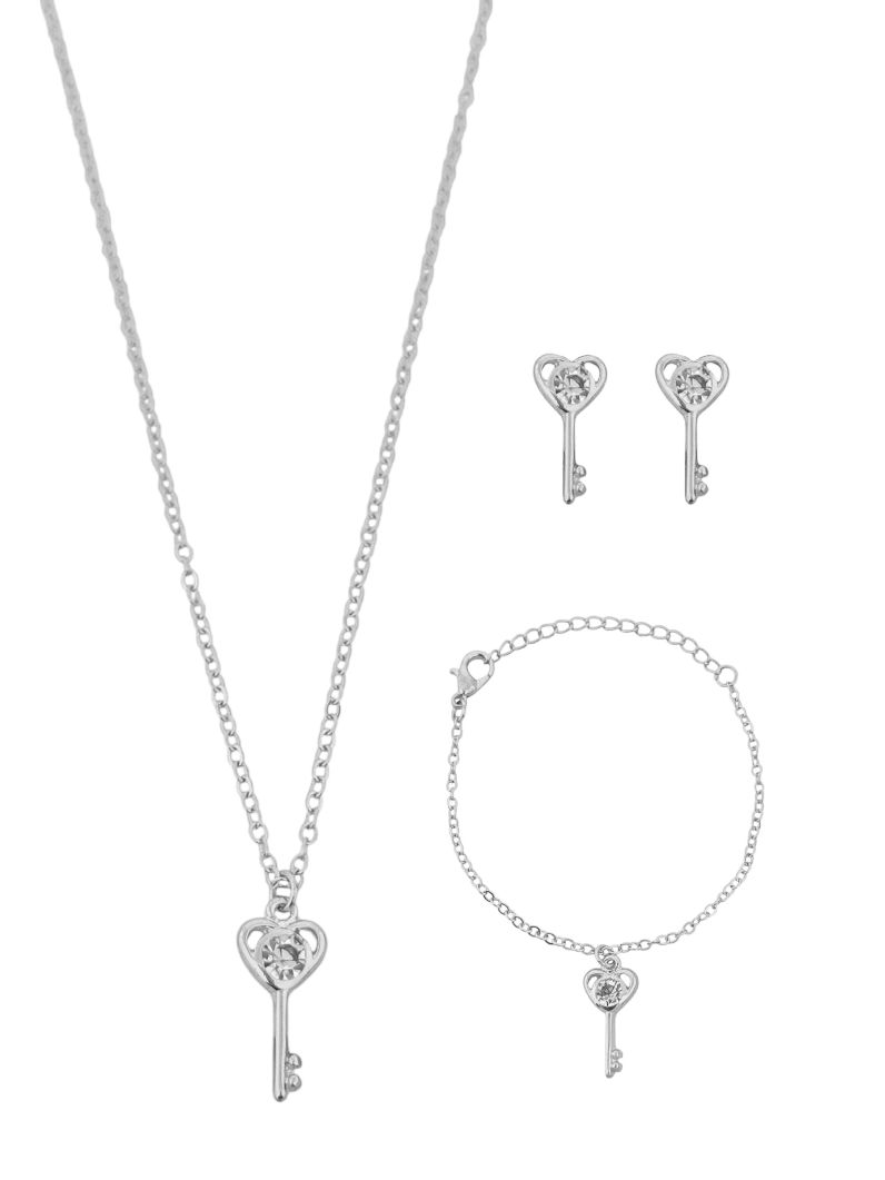 Conjunto Infantil Colar, Pulseira e Brinco Folheado a Ouro 18k e Prata Design Chave Coração Com Zircônia