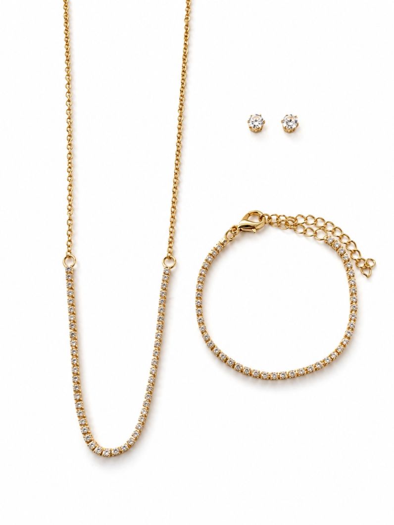 Conjunto Infantil Colar, Pulseira e Brinco Folheado a Ouro 18k e Prata Design Cravejado