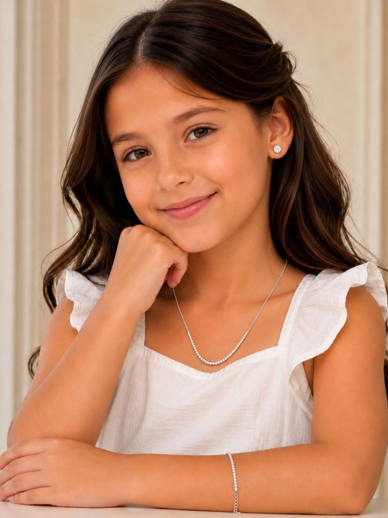 Conjunto Infantil Colar, Pulseira e Brinco Folheado a Ouro 18k e Prata Design Cravejado