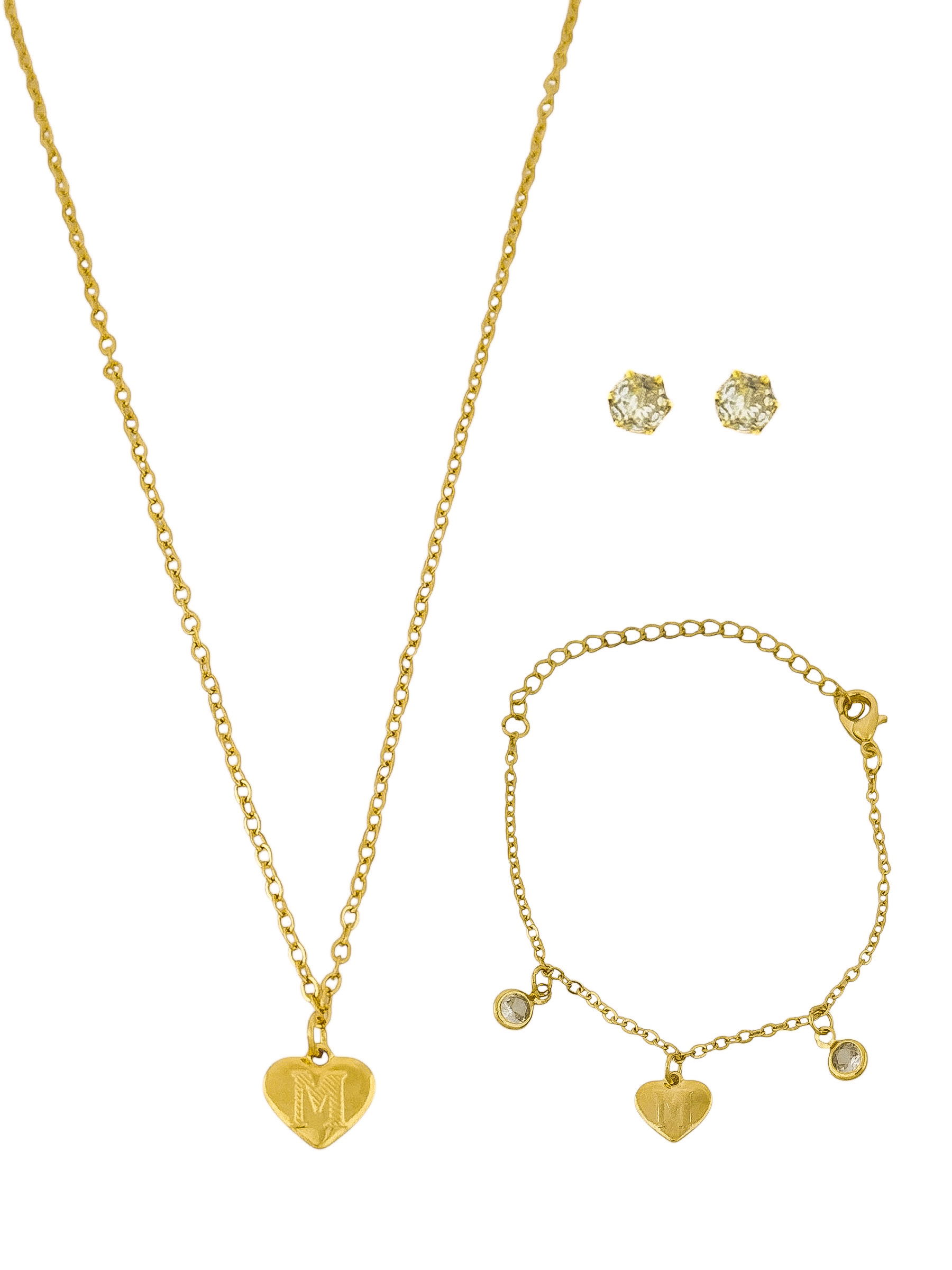 Conjunto Infantil Colar, Pulseira e Brinco Folheado a Ouro 18k e Prata Design Iniciais