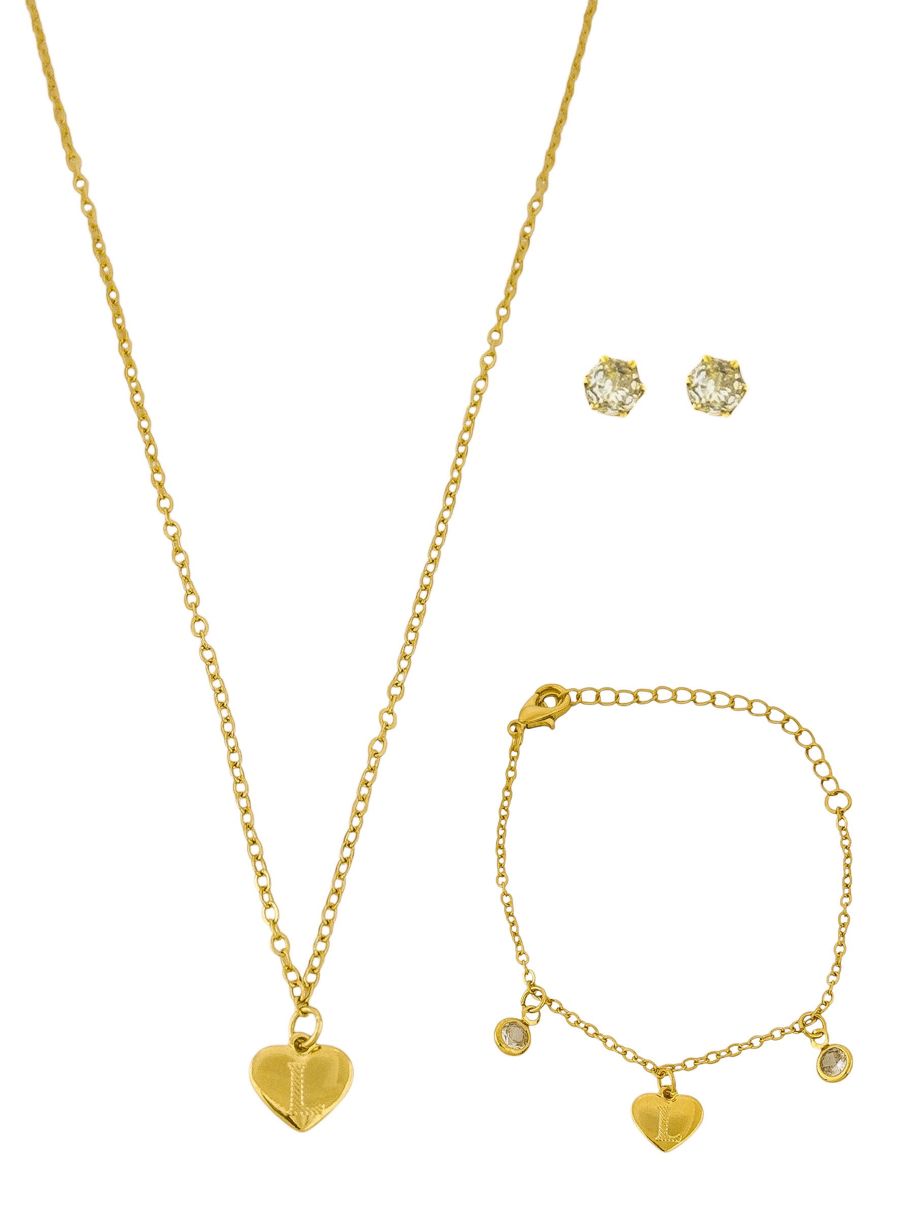 Conjunto Infantil Colar, Pulseira e Brinco Folheado a Ouro 18k e Prata Design Iniciais