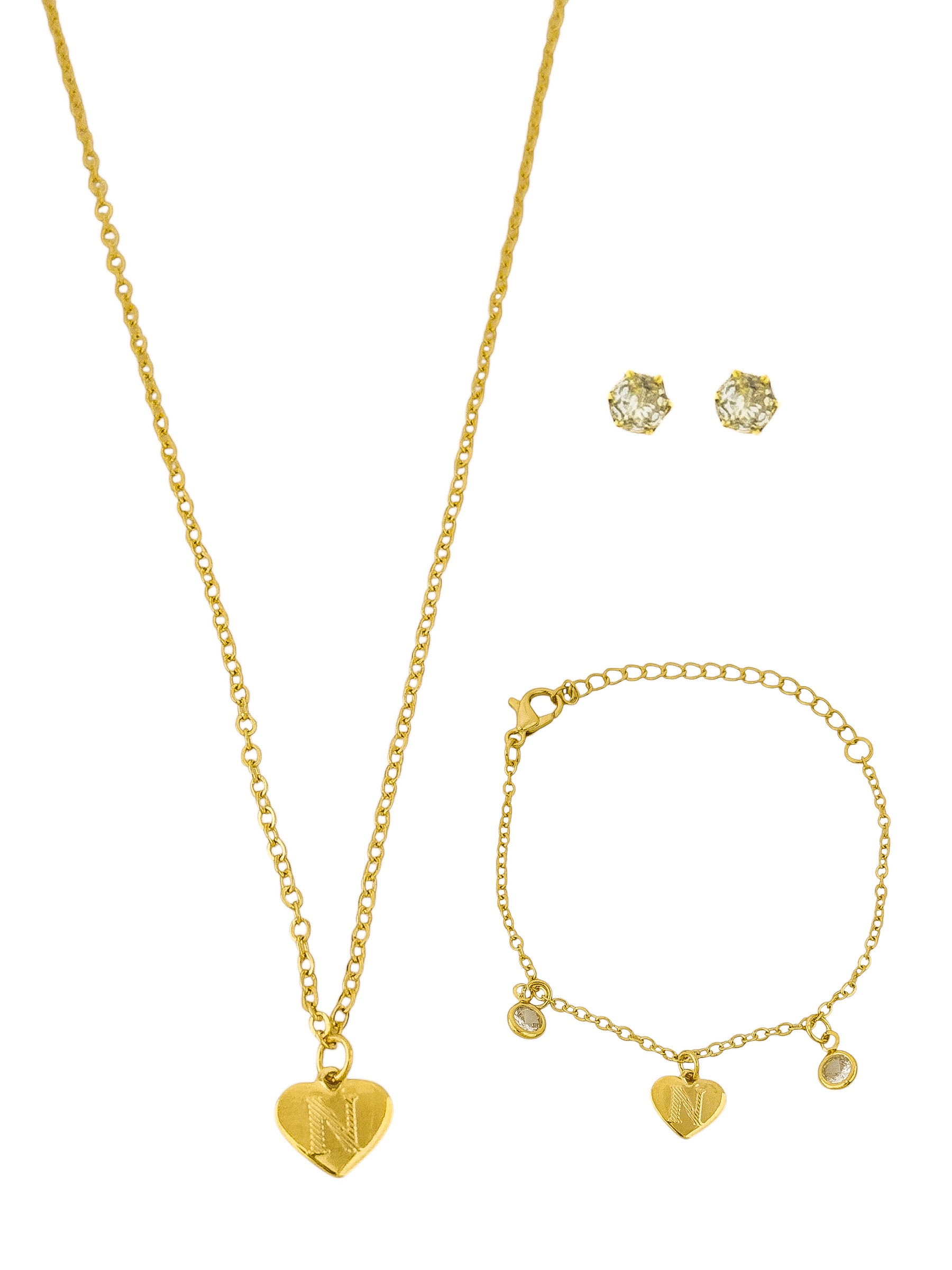 Conjunto Infantil Colar, Pulseira e Brinco Folheado a Ouro 18k e Prata Design Iniciais
