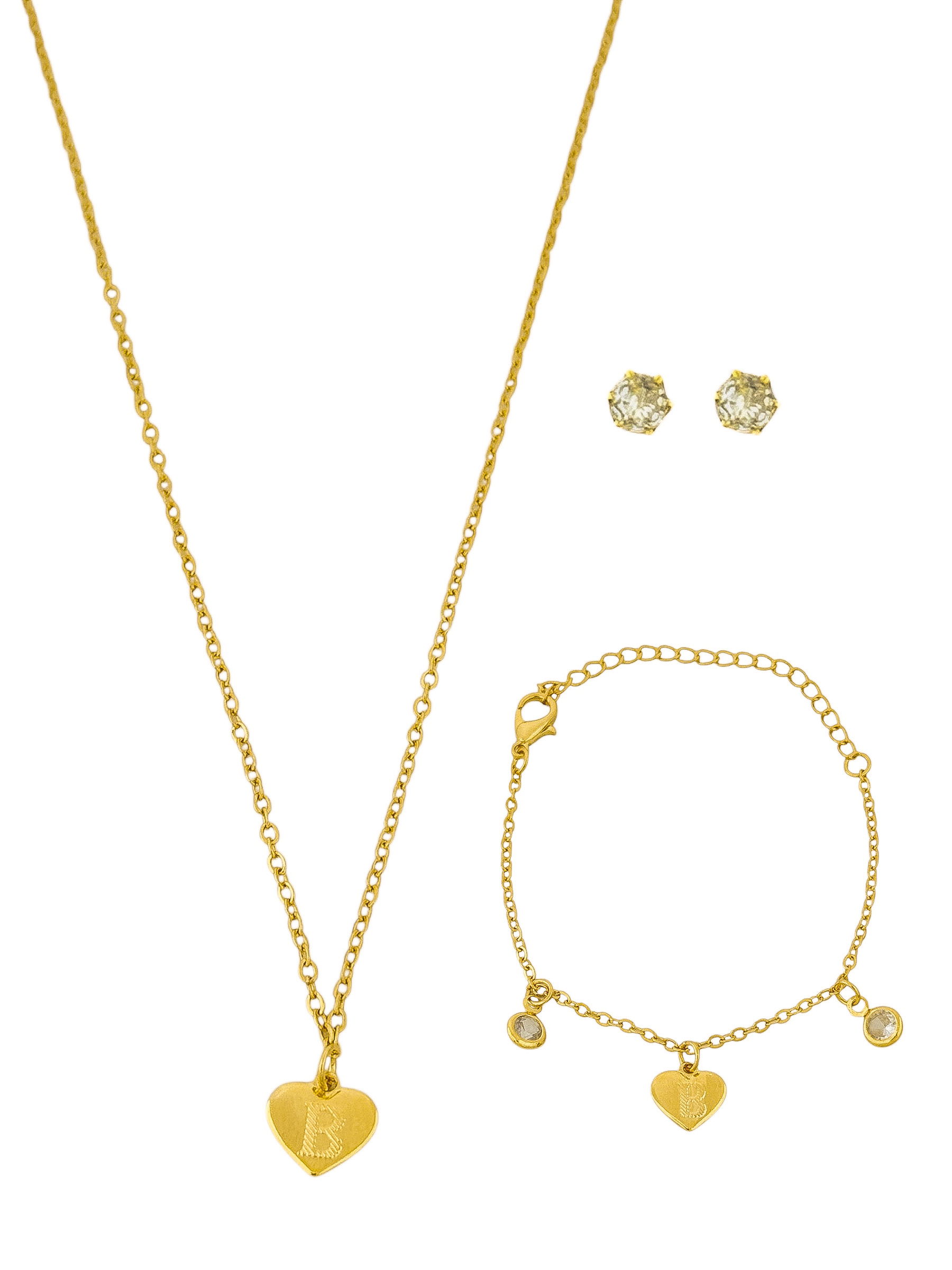 Conjunto Infantil Colar, Pulseira e Brinco Folheado a Ouro 18k e Prata Design Iniciais