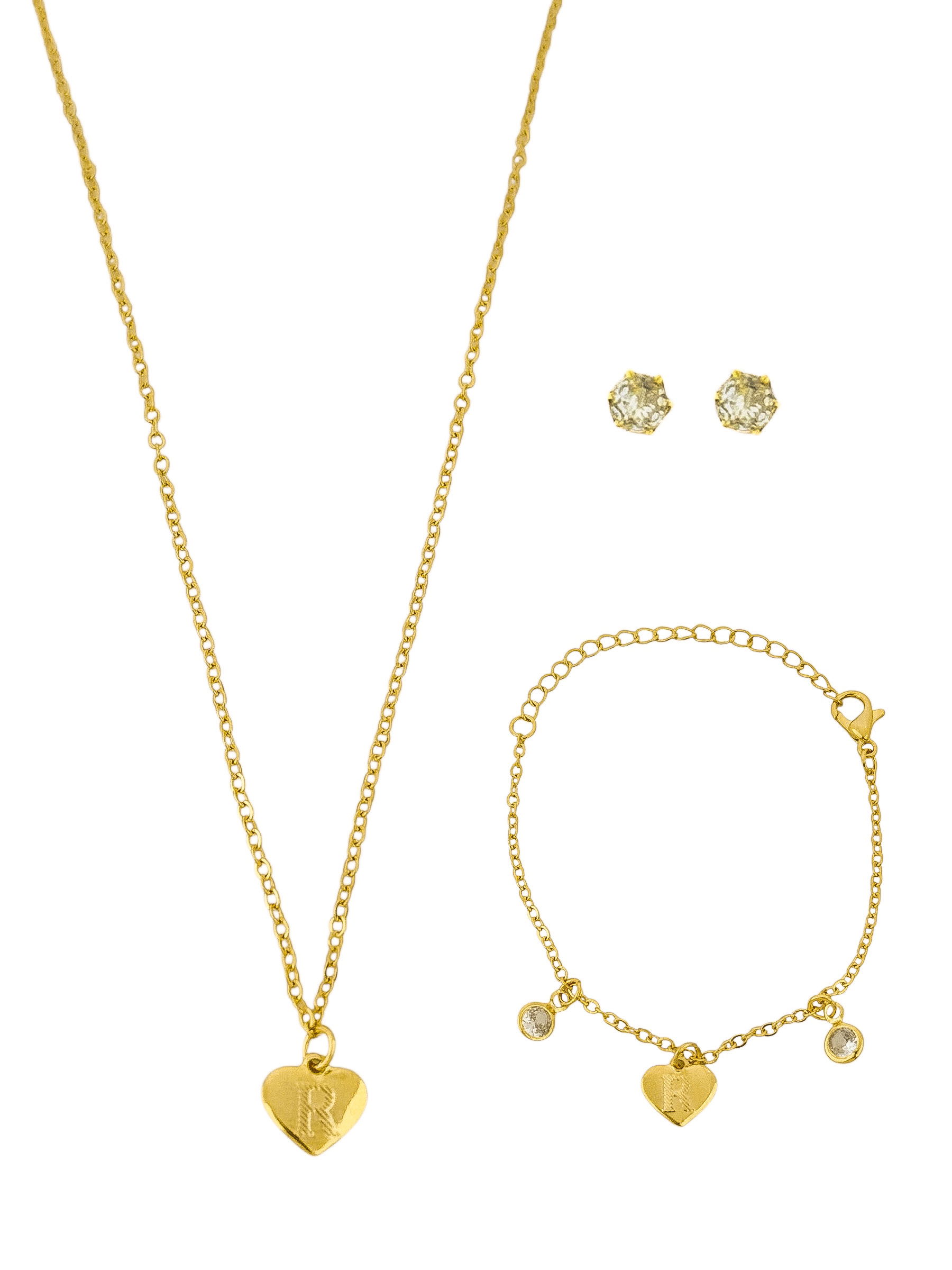 Conjunto Infantil Colar, Pulseira e Brinco Folheado a Ouro 18k e Prata Design Iniciais