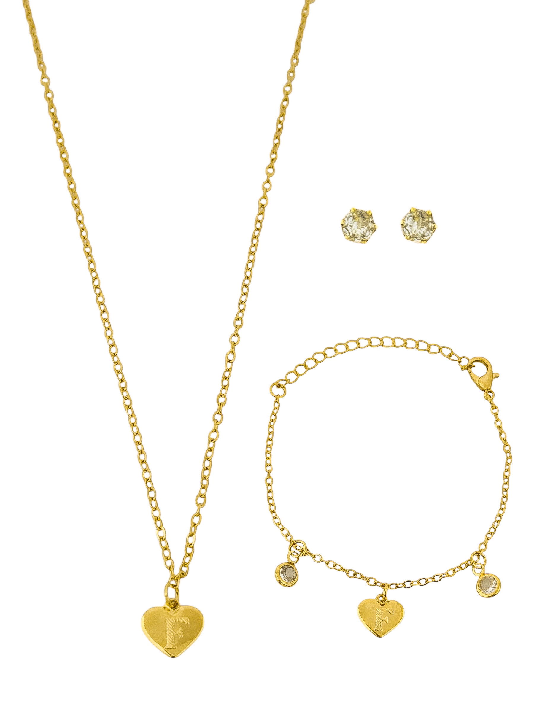 Conjunto Infantil Colar, Pulseira e Brinco Folheado a Ouro 18k e Prata Design Iniciais