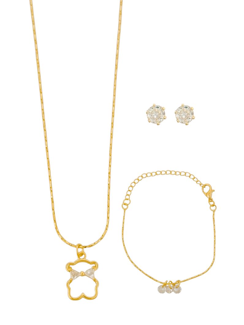 Conjunto Infantil Colar, Pulseira e Brinco Folheado a Ouro 18k e Prata Design Ursinho
