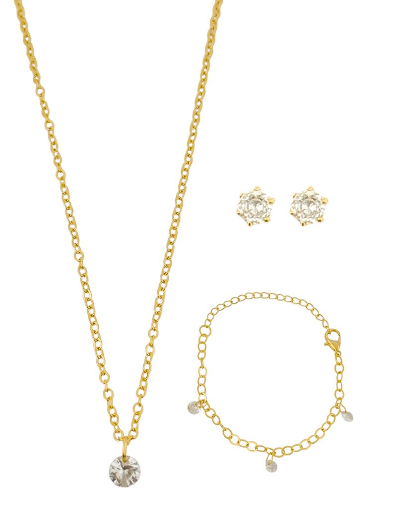 Conjunto Infantil Colar, Pulseira e Brinco Folheado a Ouro 18k e Prata Elos Com Ponto de Luz