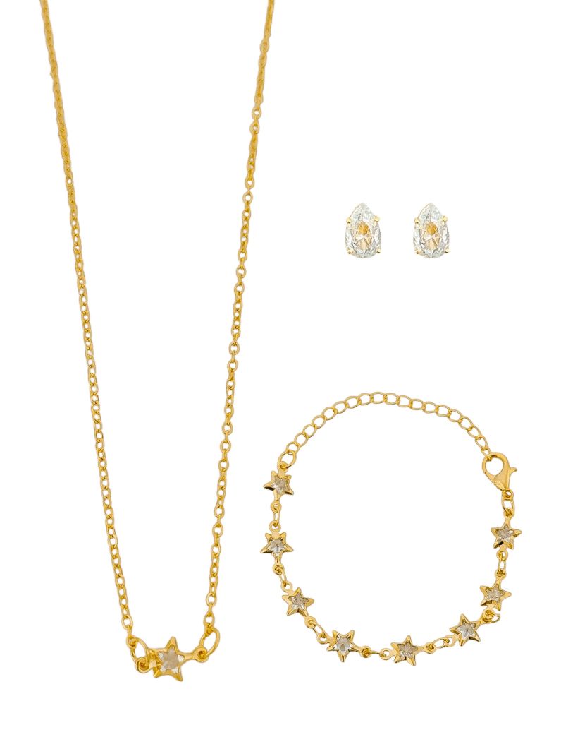 Conjunto Infantil Colar, Pulseira e Brinco Folheado a Ouro 18k e Prata Estrelas