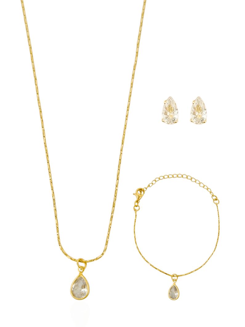 Conjunto Infantil Colar, Pulseira e Brinco Folheado a Ouro 18k e Prata Gota de Cristal