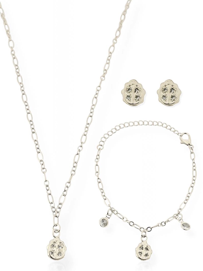 Conjunto Infantil Colar, Pulseira e Brinco Folheado a Ouro 18k e Prata Joaninha Com Micro Zircônia