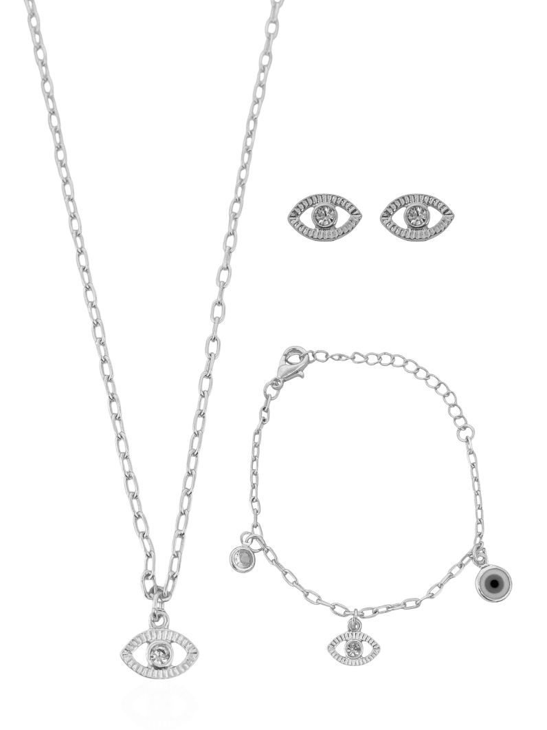 Conjunto Infantil Colar, Pulseira e Brinco Folheado a Ouro 18k e Prata Olho Grego