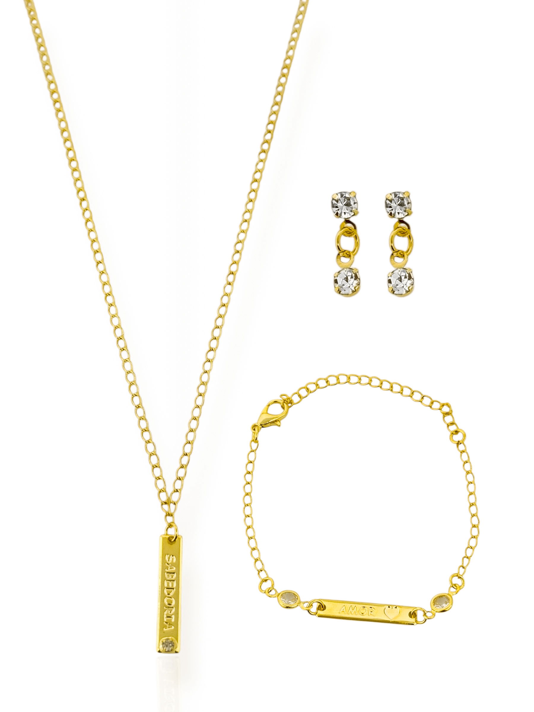 Conjunto Infantil Colar, Pulseira e Brinco Folheado a Ouro 18k e Prata Placas e Pontos de Luz