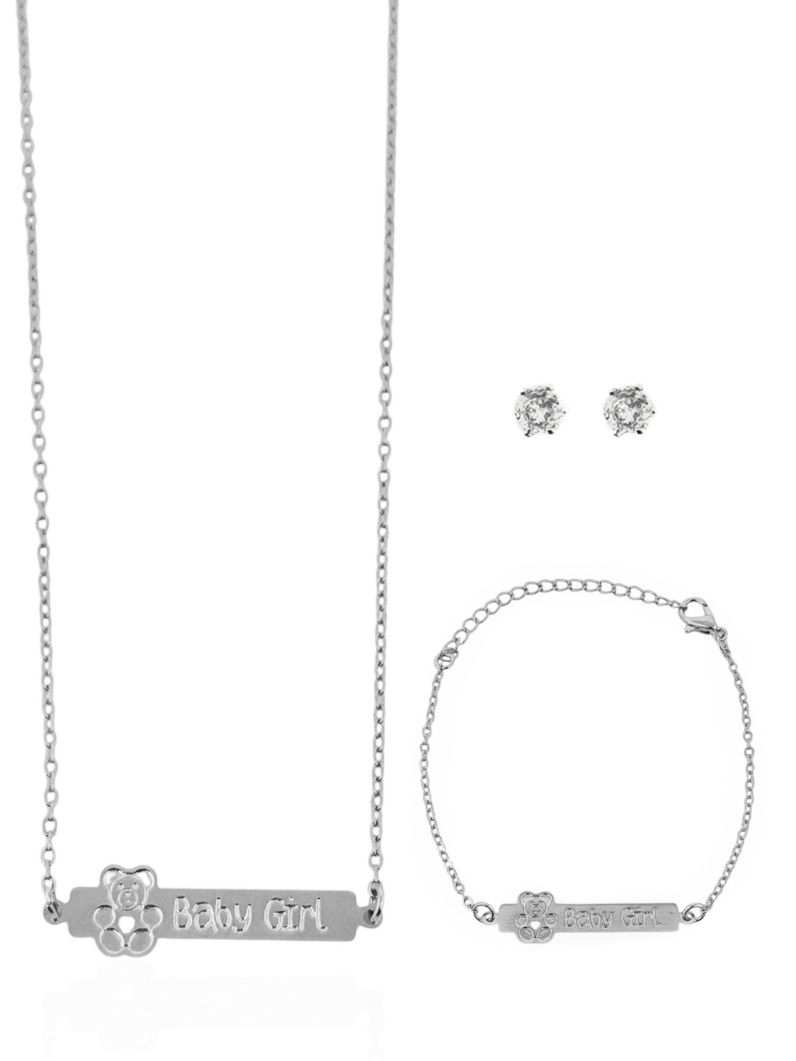 Conjunto Infantil Colar, Pulseira e Brinco Folheado a Ouro 18k e Prata Plaquinha Baby Girl