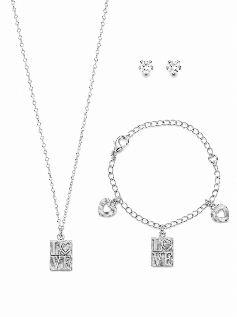 Conjunto Infantil Colar, Pulseira e Brinco Folheado a Ouro 18k e Prata Plaquinha Love