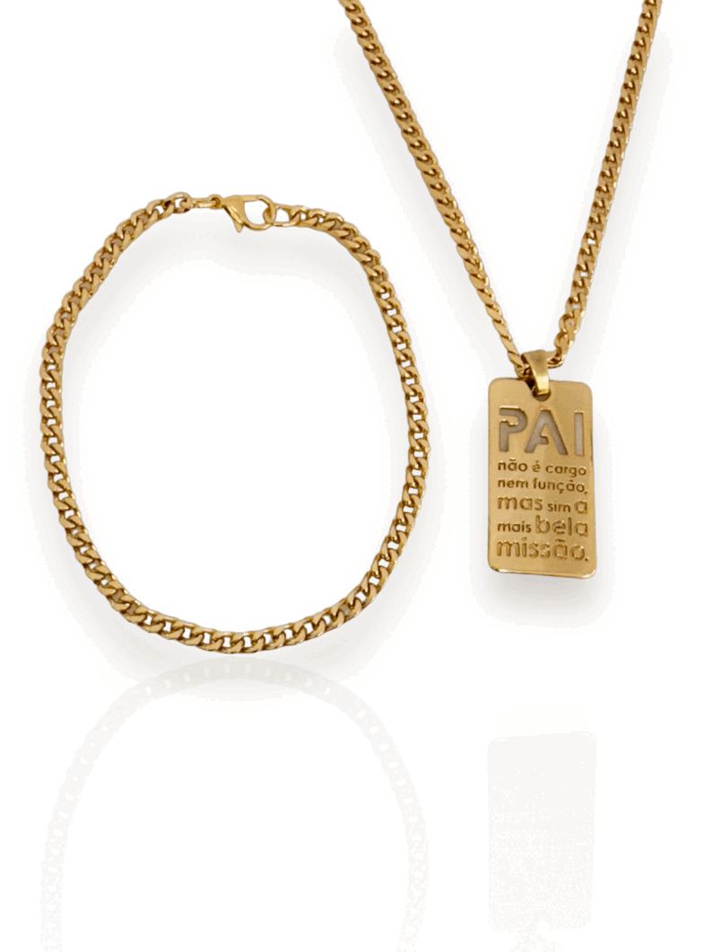 Conjunto Masculino Colar e Pulseira Semi Joia Elo grumet fino medalha com frase: 'Pai, não é cargo nem função, mas sim a mais bela missão.'