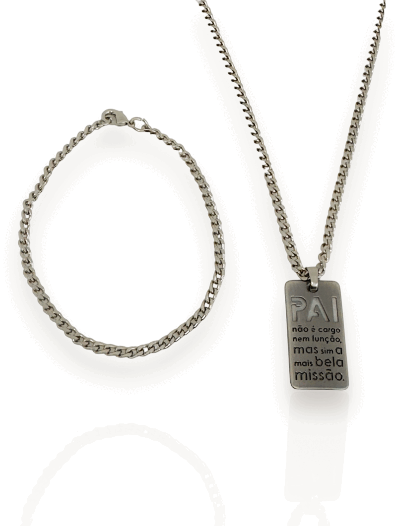 Conjunto Masculino Colar e Pulseira Semi Joia Elo grumet fino medalha com frase: 'Pai, não é cargo nem função, mas sim a mais bela missão.'