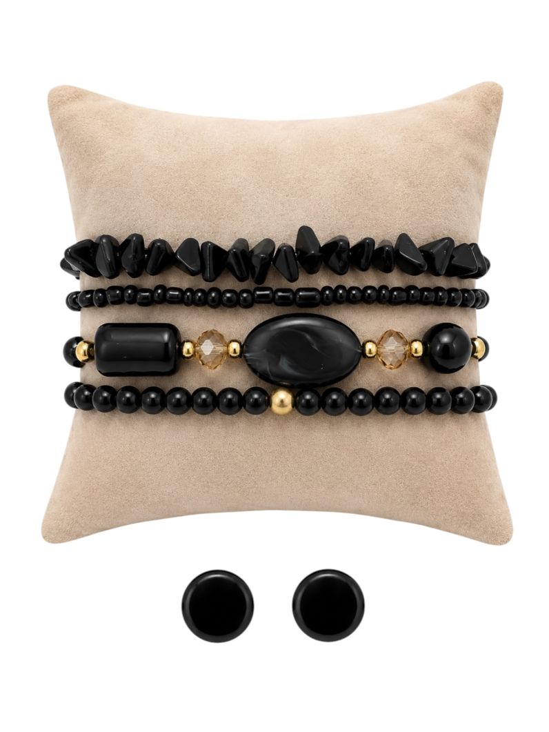 Conjunto Pulseira e Brinco De Miçangas, Pedra Natural Preta
