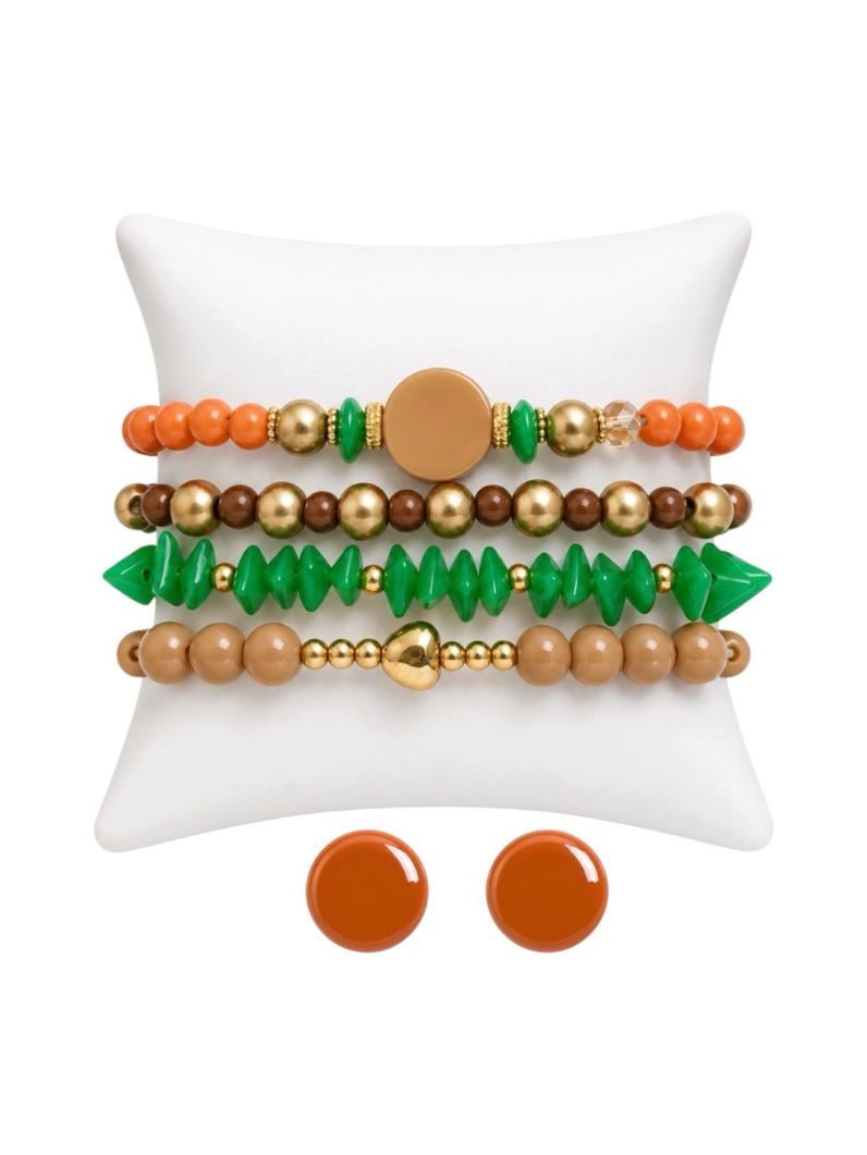 Conjunto Pulseira e Brinco Folheado a Ouro 18k Miçangas Coloridas Com Pedras