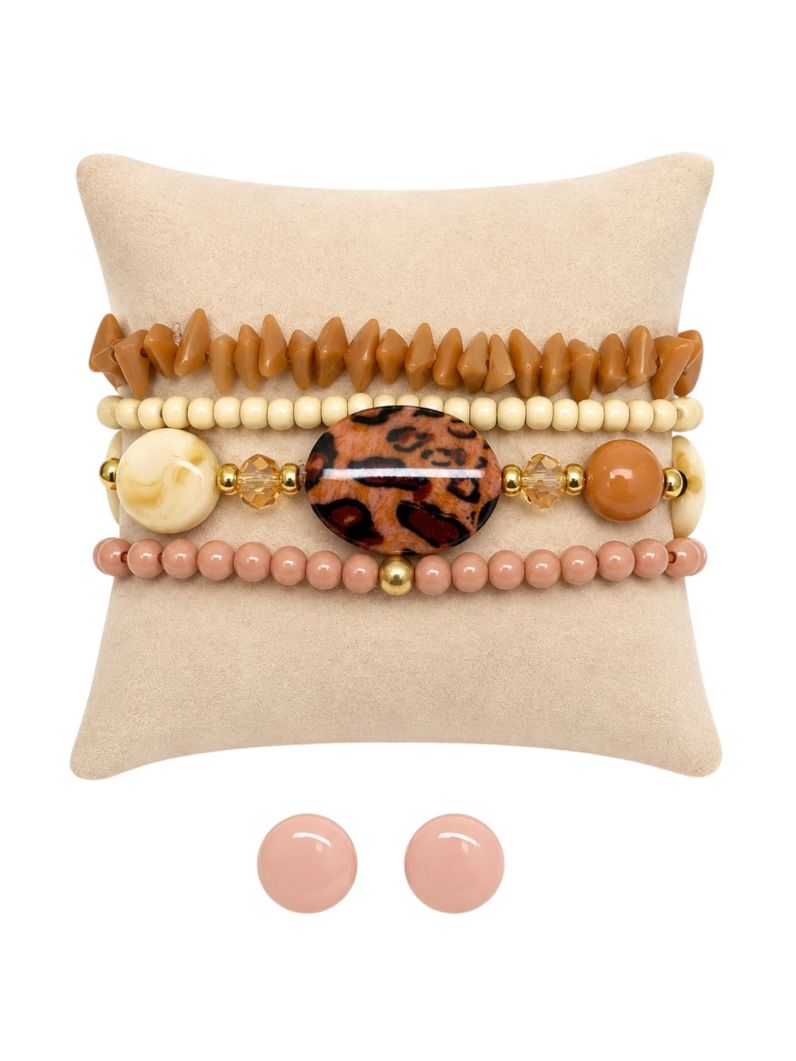 Conjunto Pulseira e Brinco Folheado a Ouro 18k Miçangas e Pedra Design Oncinha