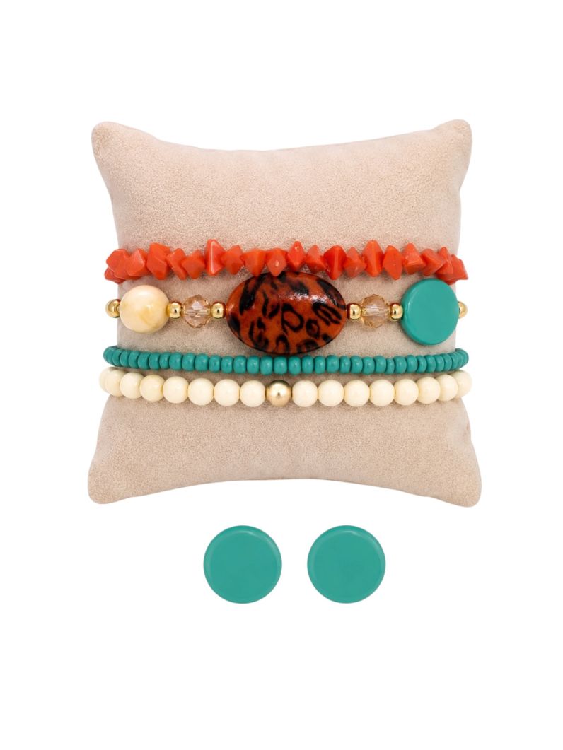 Conjunto Pulseira e Brinco Folheado a Ouro 18k Miçangas e Pedra Design Oncinha