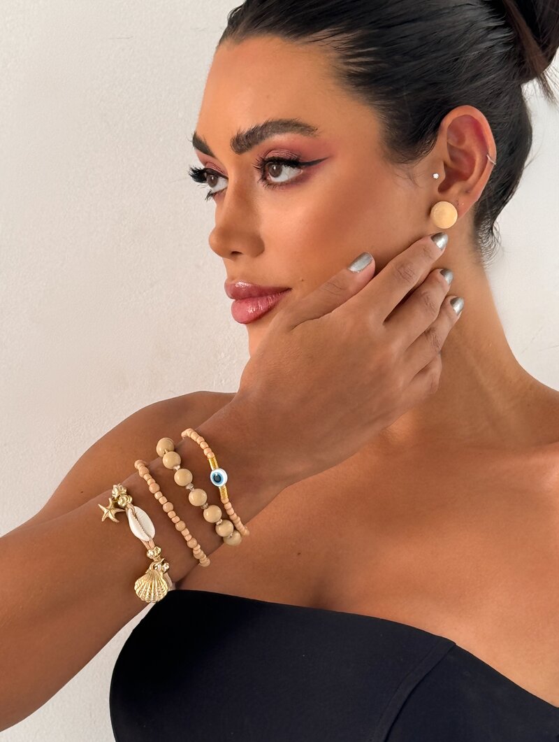 Conjunto Pulseiras e Brinco Miçangas Concha, Estrela e Búzio