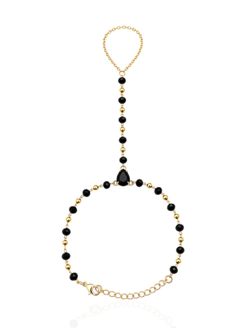 Hand Chain Folheada a Ouro 18k Cristais Pretos