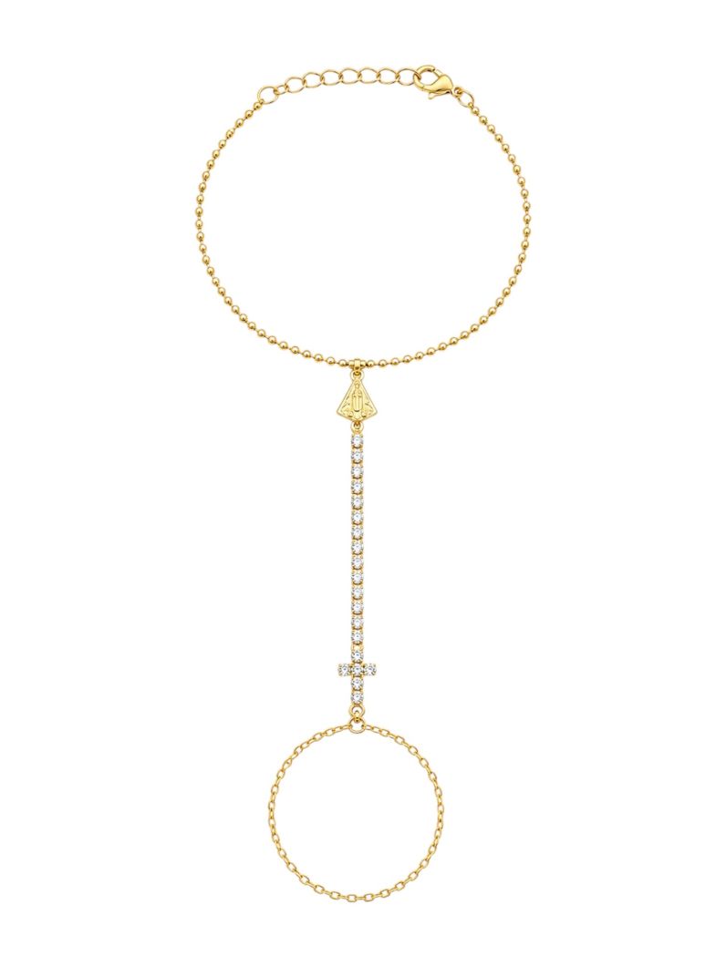 Hand Chain Folheada a Ouro 18k Cruz e Nossa Senhora