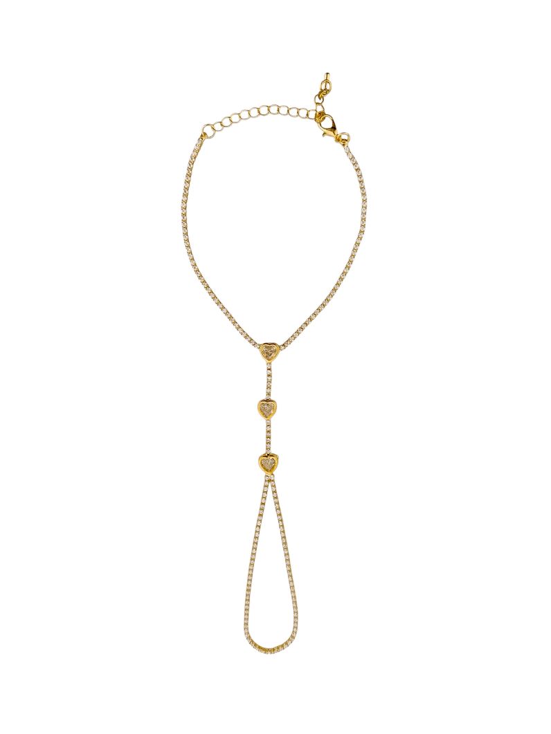 Hand Chain Folheada a Ouro 18k e Prata Cravejado com Corações
