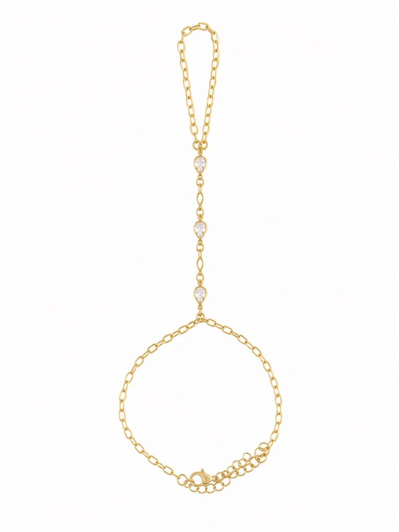 Hand Chain Folheada a Ouro 18k Elos e Gotas de Cristais
