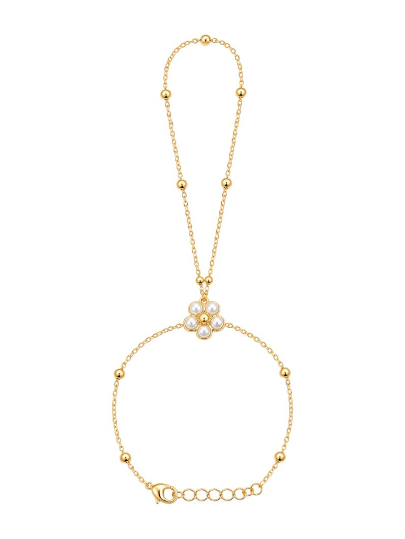 Hand Chain Folheada a Ouro 18k Flor de Pérolas