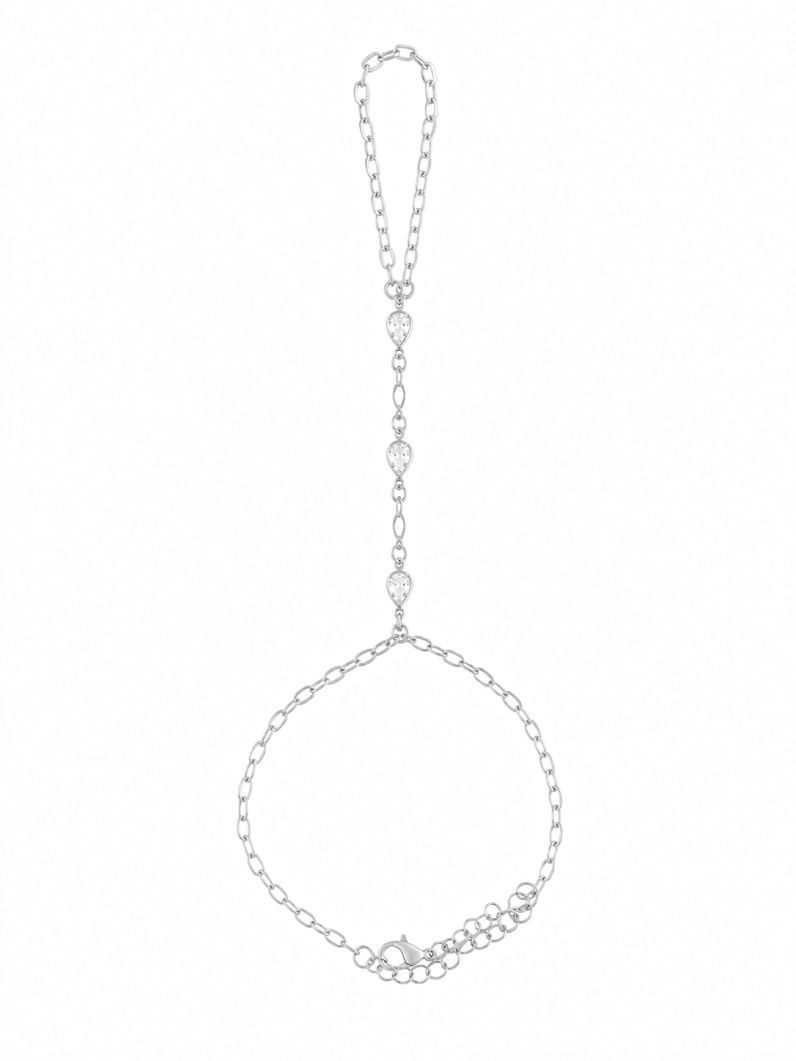 Hand Chain Folheada a Prata 925 Elos e Gotas de Cristais