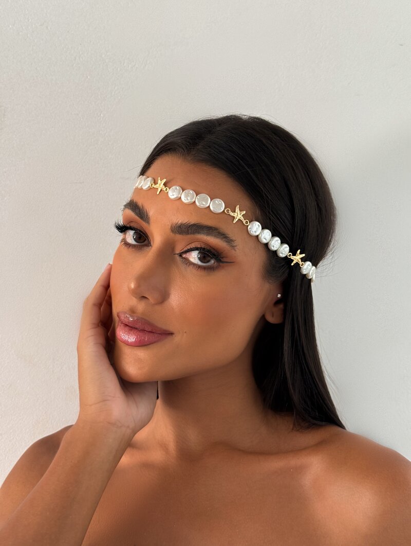 Head Band Folheado a Ouro 18K Perola Com Estrelas Do Mar