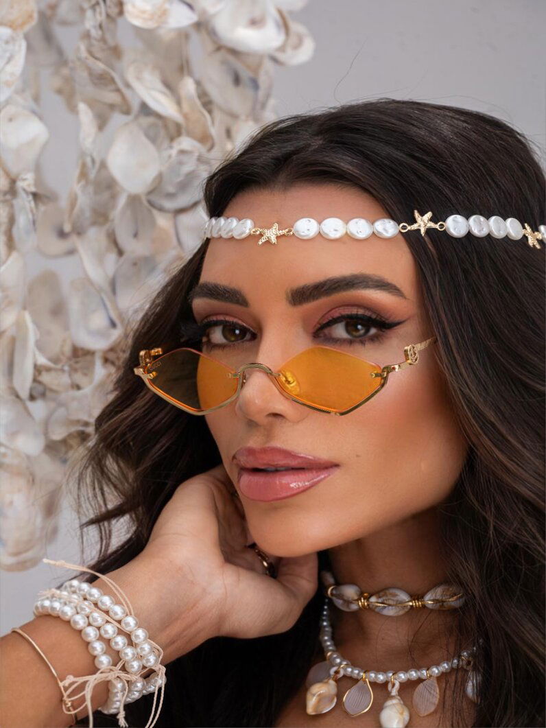 Head Band Folheado a Ouro 18K Perola Com Estrelas Do Mar