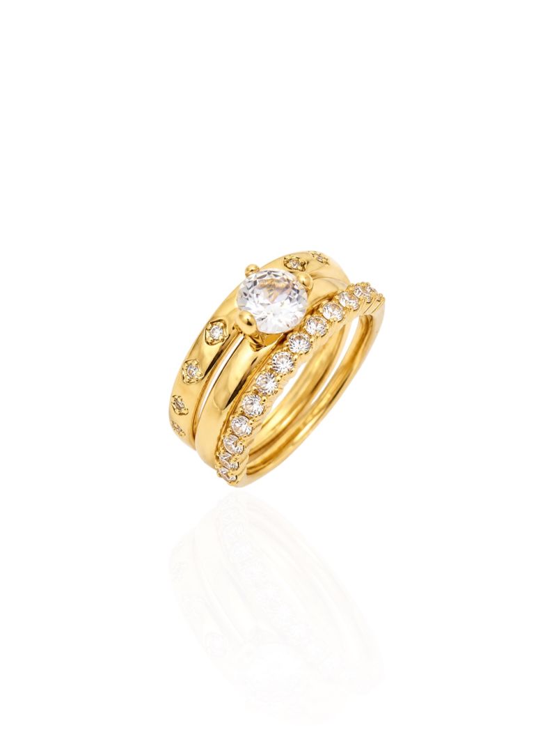 Kit Anel Folheado a Ouro 18k e Prata Cravejado Com Ponto de Luz