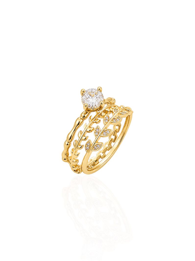 Kit Anel Folheado a Ouro 18k e Prata Design Folhas com Zirconias