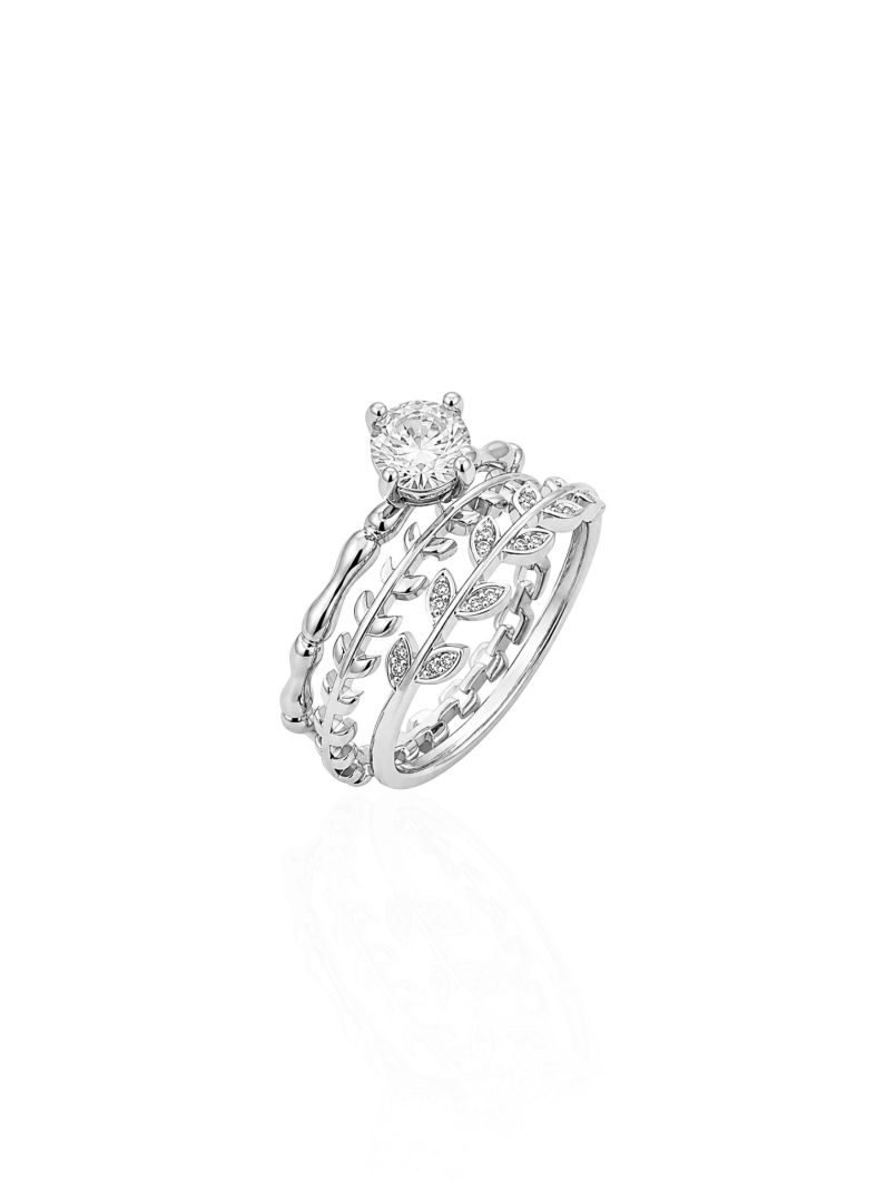 Kit Anel Folheado a Ouro 18k e Prata Design Folhas com Zirconias